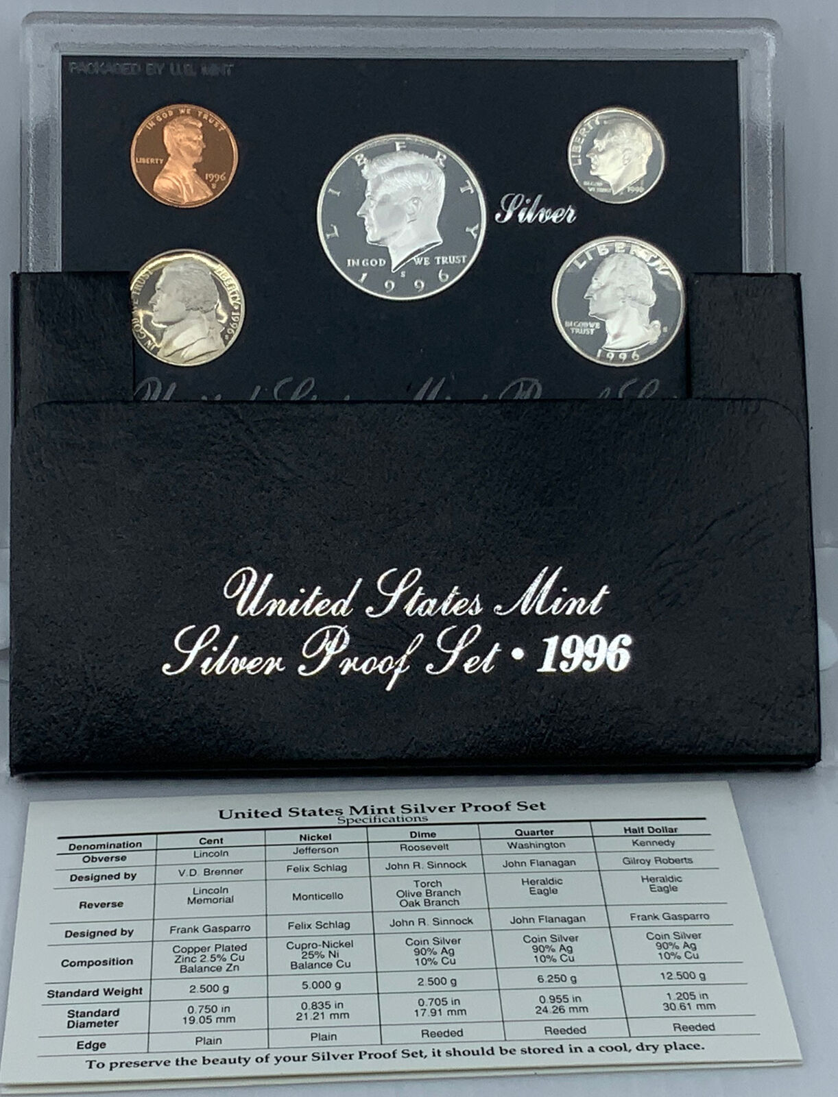 1996S US President JFK Proof Silver Half Dollar Quarter US Coin SET of 5 i114490