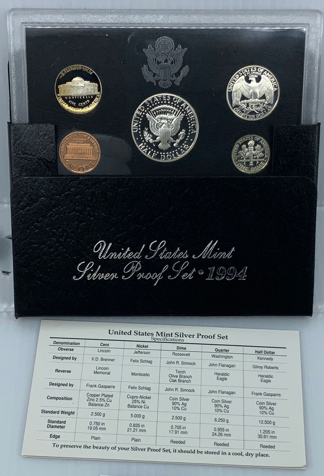 1994S US President JFK Proof Silver Half Dollar Quarter US Coin SET of 5 i114485