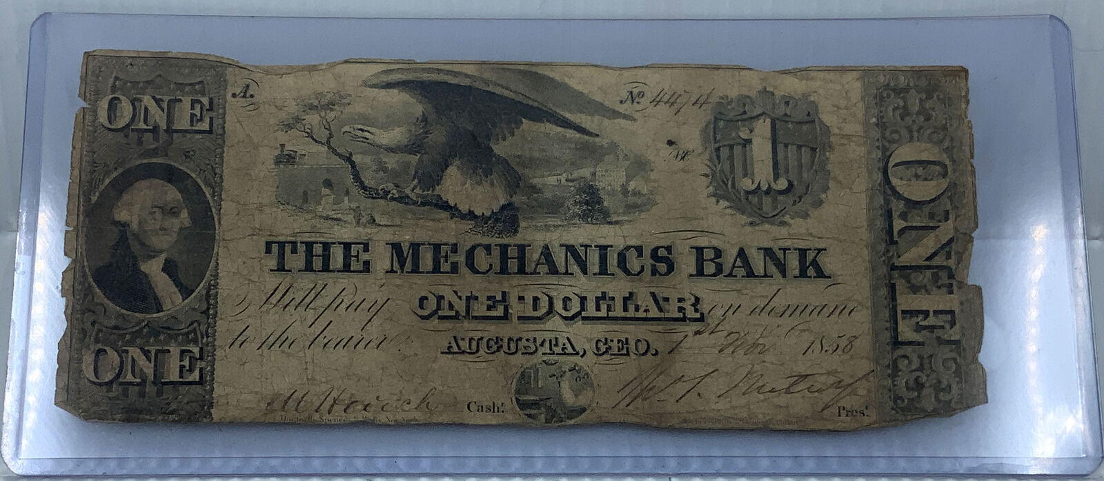 1858 USA Georgia THE MECHANICS BANK AUGUSTA OLD Obsolete 1 Dollar Bill i114487