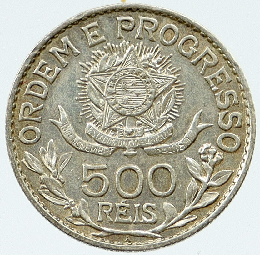 1913 A BRAZIL Brazilian Coat-Of-Arms OLD LIBERTY Silver 500 Reis Coin i117199