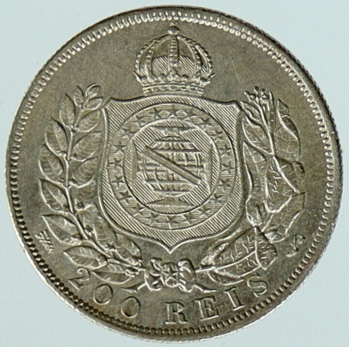 1868 BRAZIL w King Dom Pedro II Antique Brazilian Silver 200 Reis Coin i117207
