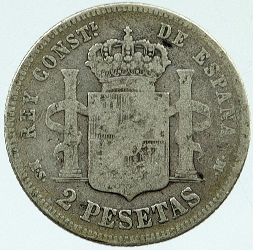 1881 SPAIN Spanish King ALFONSO XIII Antique OLD Silver 2 Pesetas Coin i117187