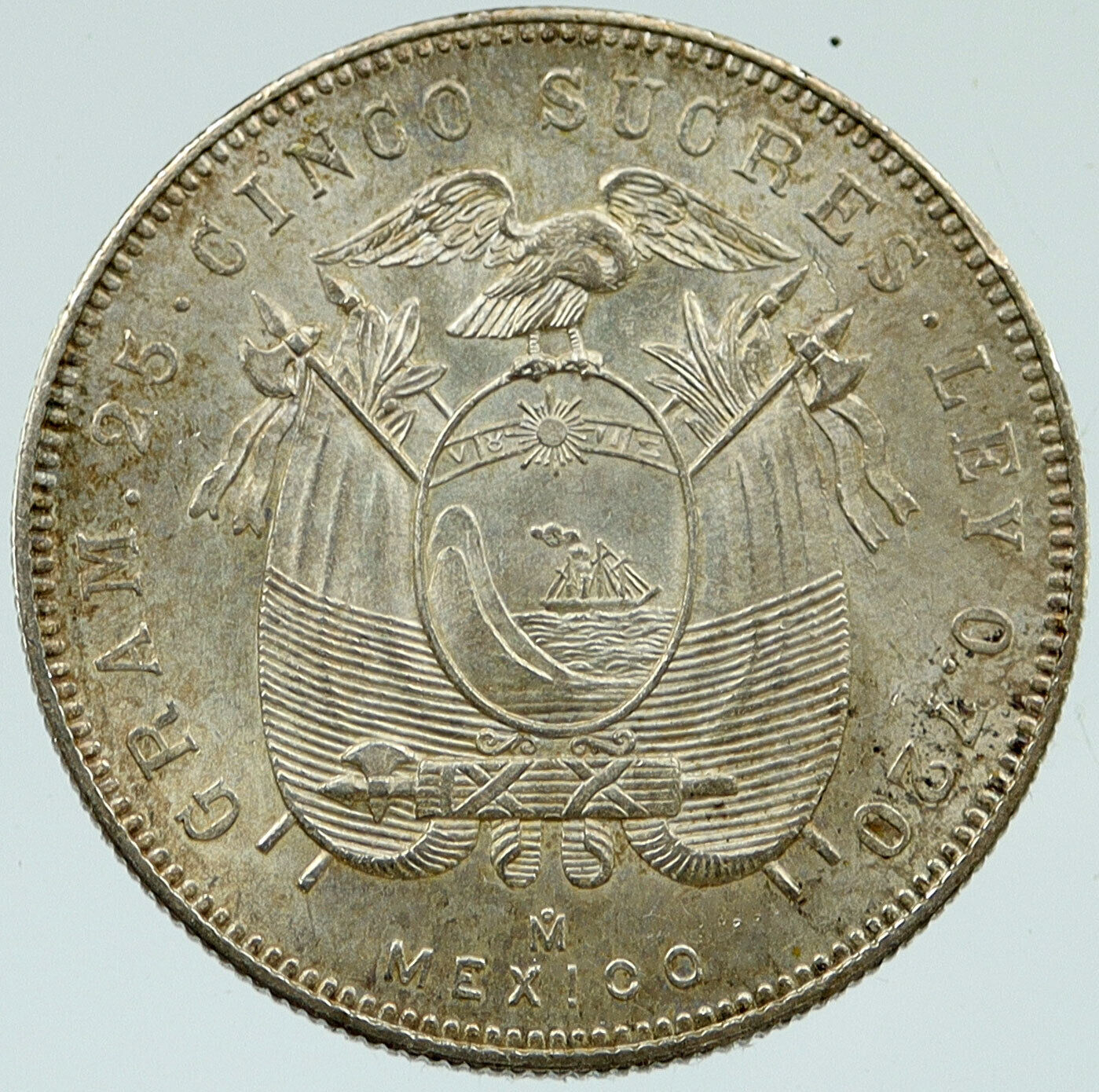 1944 ECUADOR Antonio Jose de Sucre y Alcala VINTAGE Silver 5 Sucres Coin i117221