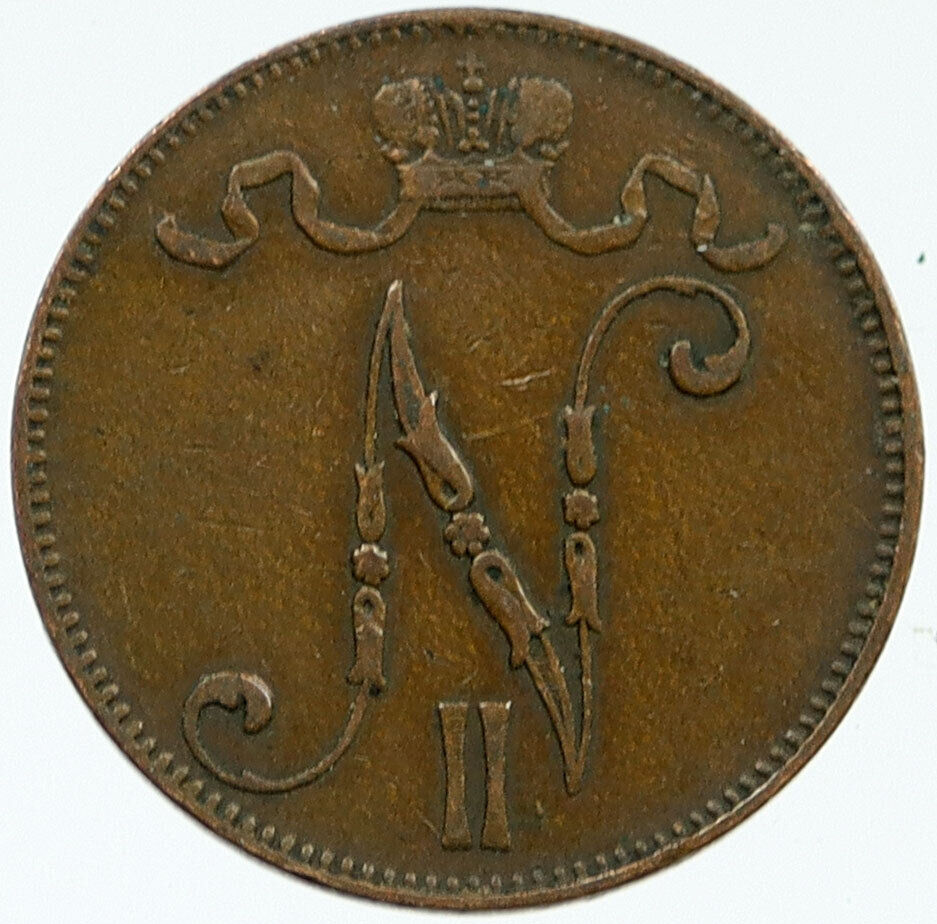 1896 FINLAND Russian EMPEROR NICHOLAS II Antique VINTAGE 5 Pennia Coin i117216
