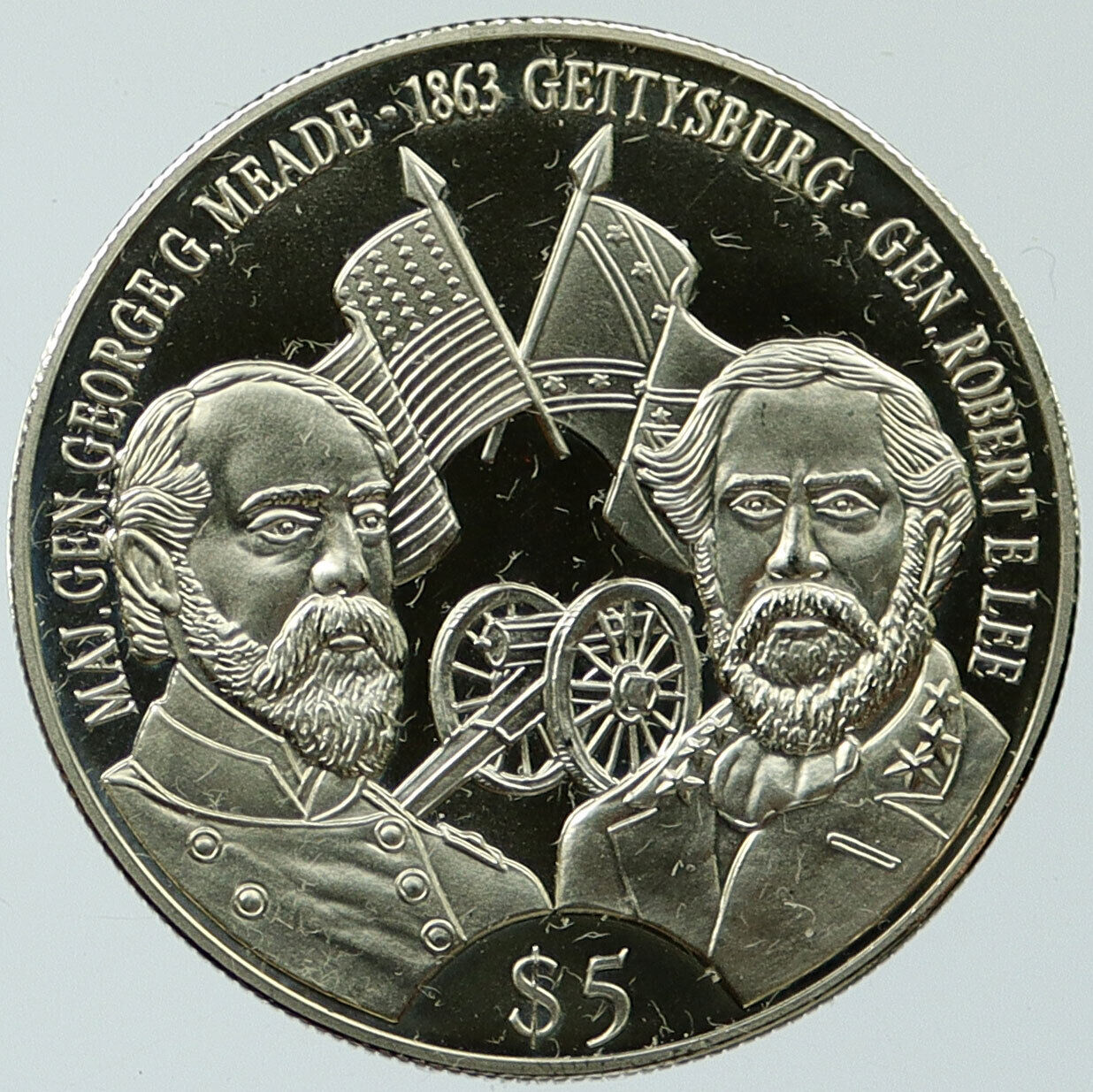 1999 LIBERIA GETTYSBURG GENERALS LEE & MEADE Old Proof 5 Dollar Coin i117453