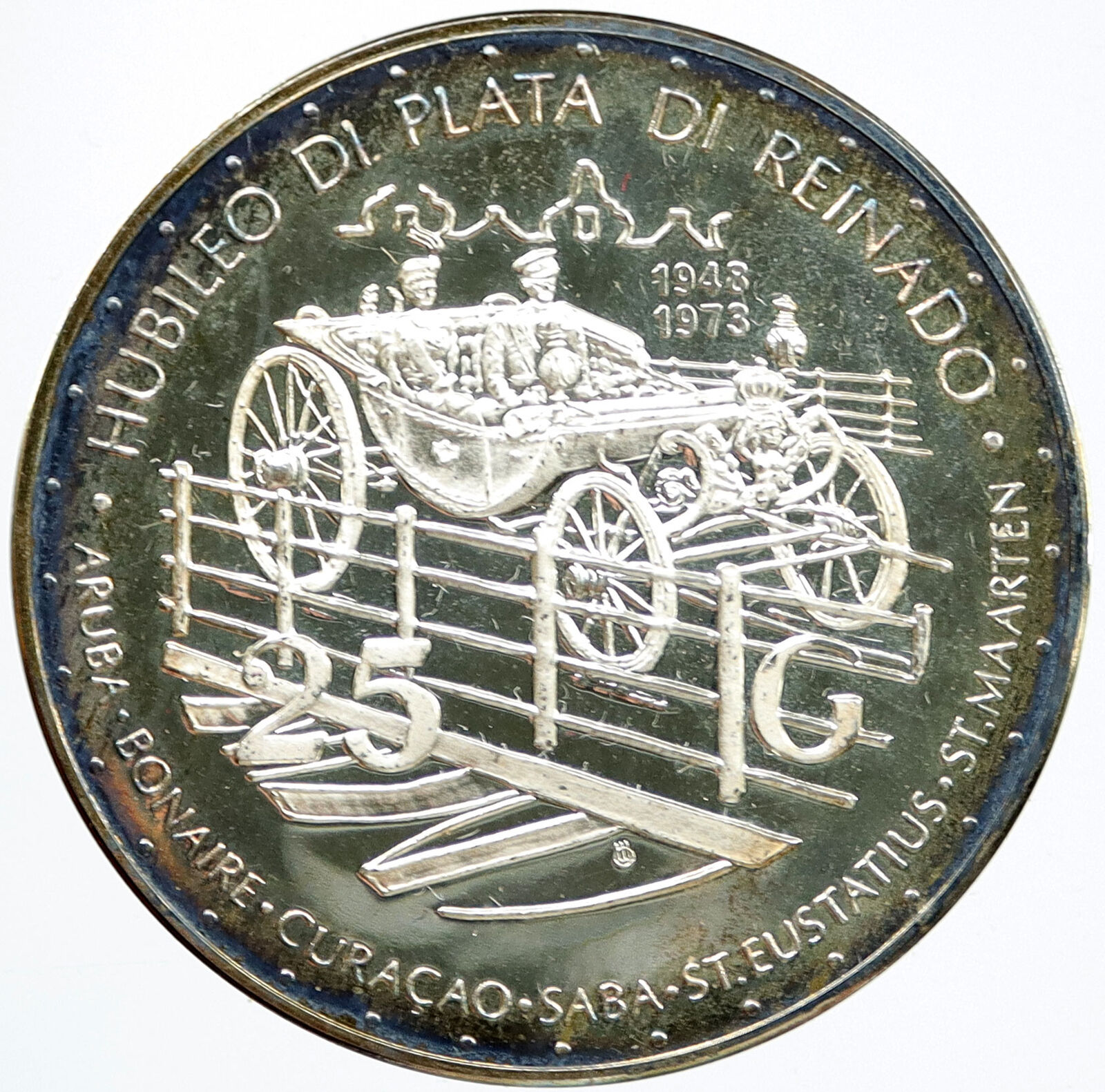 1973 NETHERLANDS ANTILLES Juliana Horse CARRIAGE Proof Silver 25 G Coin i117456