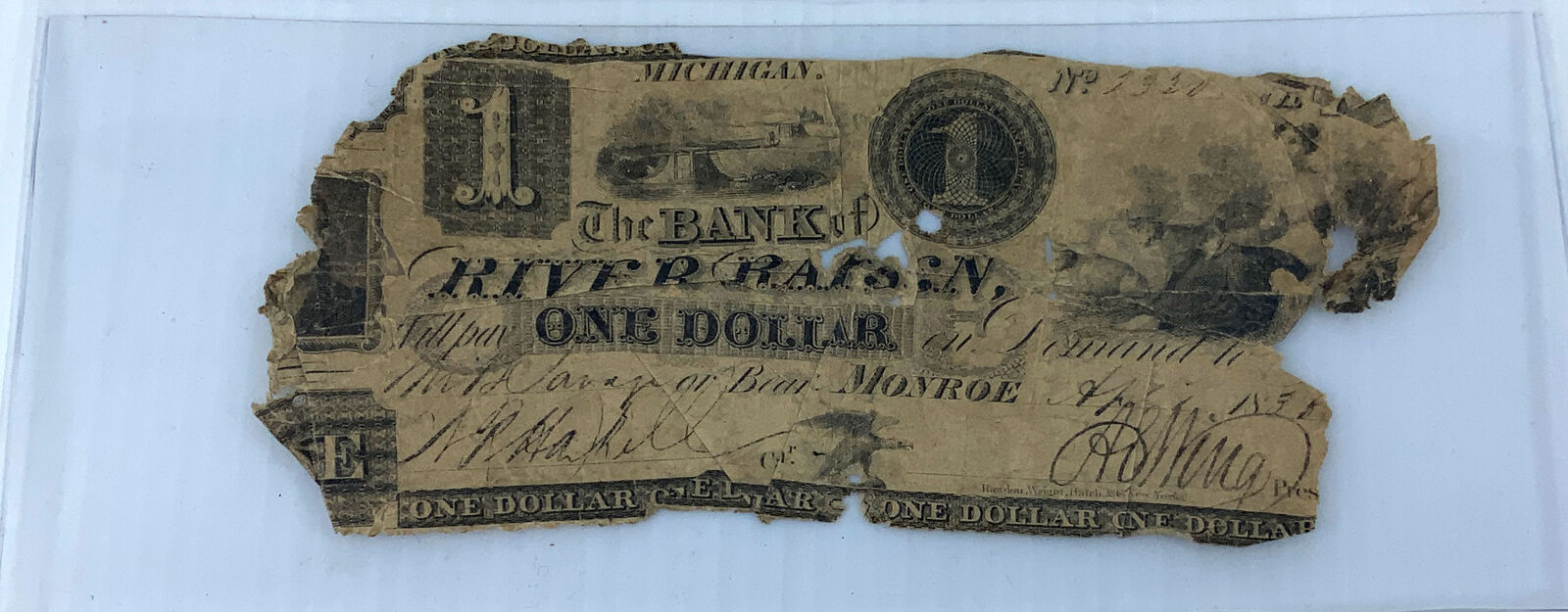 c.1840-50 USA United States BANK OF RIVER RAISEN Old ANTIQUE Dollar Bill i114488