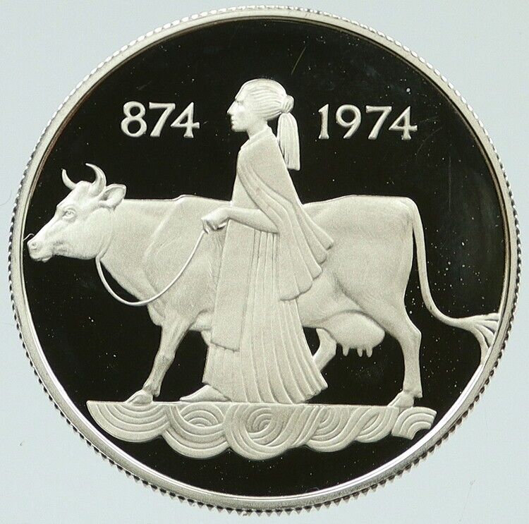 1974 ICELAND FOUR SPIRITS & COW WOMAN Vintage OLD Silver 500 Kronor Coin i117234
