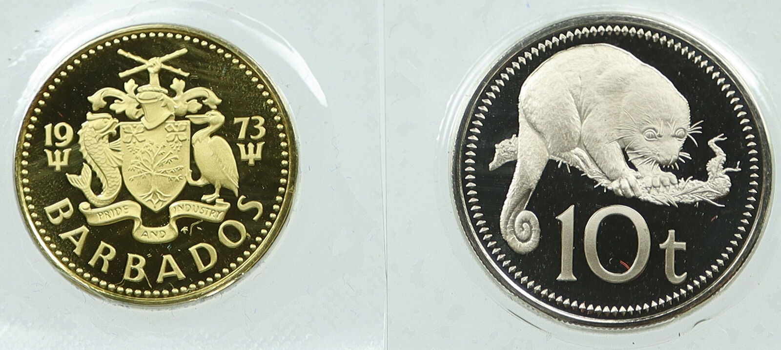 PAPUA NEW GUINEA & BARBADOS 10 Tala & 5 Cents Proof Lot of 2 Coins GIFT i116452
