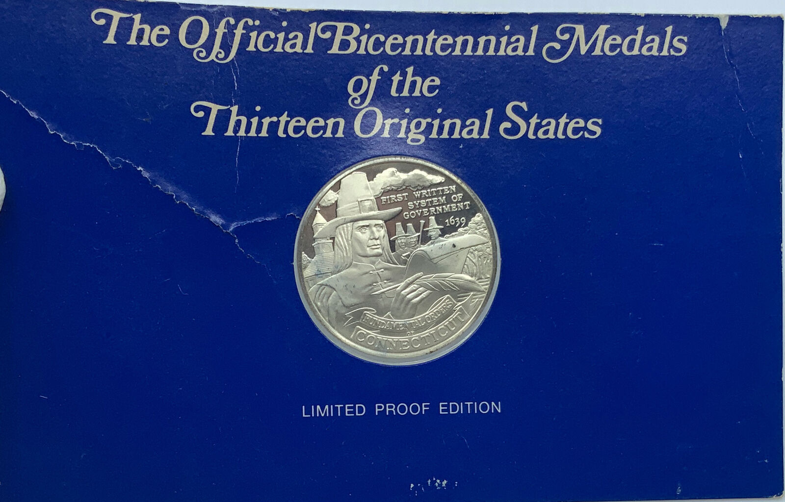 1976 US FM Thirteen States Connecticut BICENTENNIAL Proof Silver Medal i114734