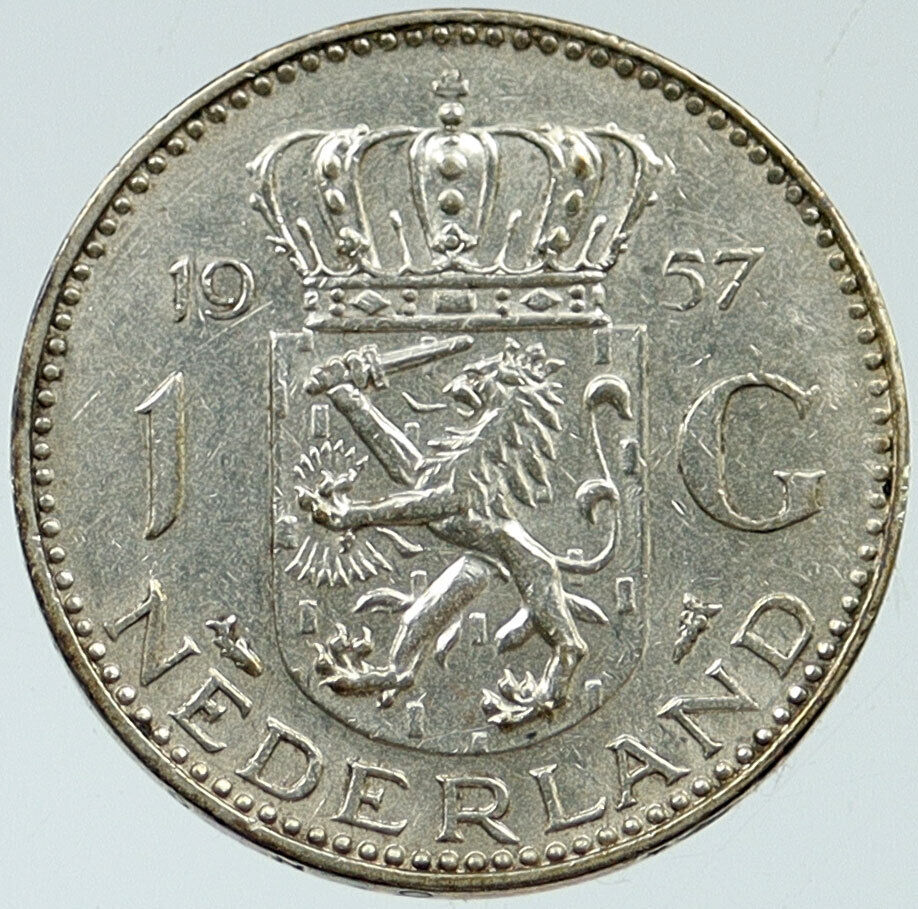 1957 Netherlands Kingdom Queen JULIANA I Gulden Authentic Silver Coin i115749