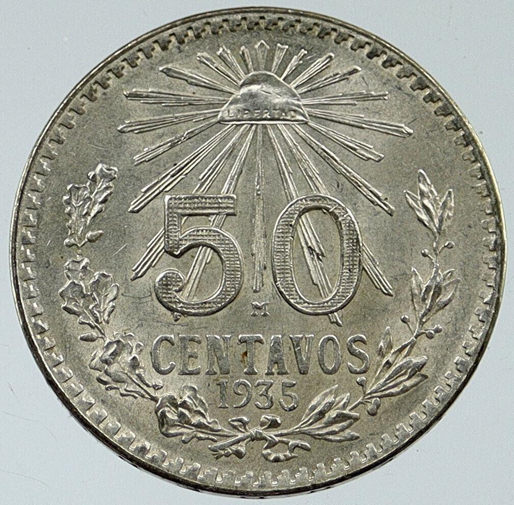 1935 MEXICO City EAGLE CACTUS SERPENT Silver 50 Centavos Mexican Coin i115743