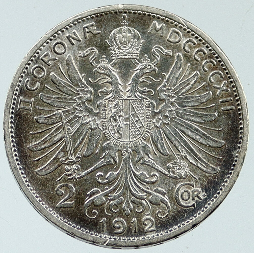 1912 AUSTRIA KING FRANZ JOSEPH I Eagle Antique OLD Silver 2 Corona Coin i115744