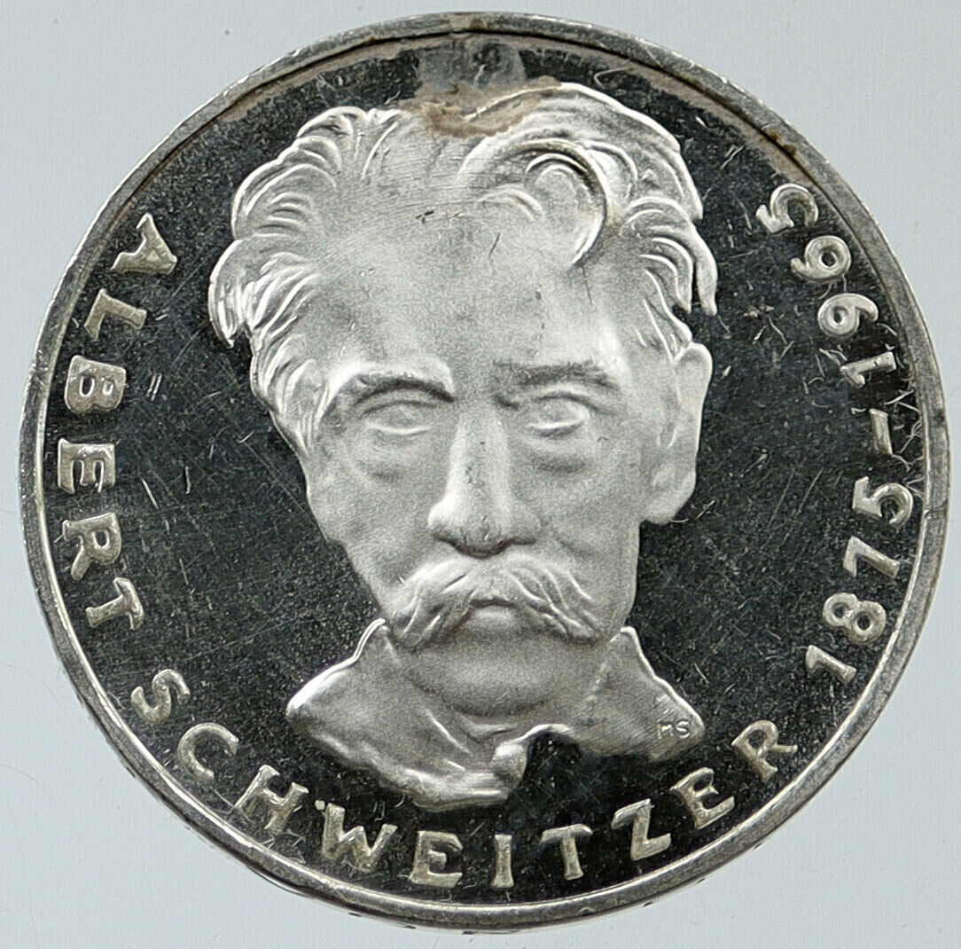 1975 G GERMANY Nobel Prize Hero Albert Schweitzer OLD Silver 5 Mark Coin i115740