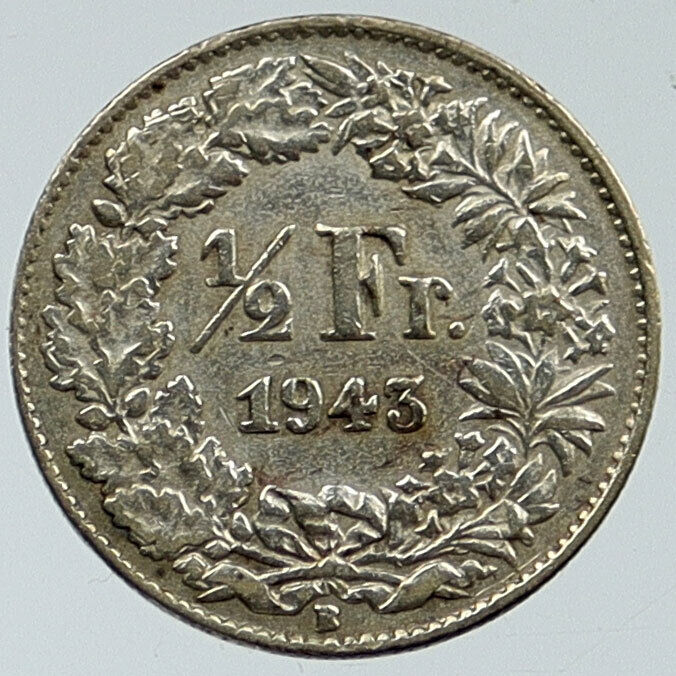1943 B SWITZERLAND HELVETIA Symbolize SWISS Nation SILVER 1/2 Franc Coin i115751