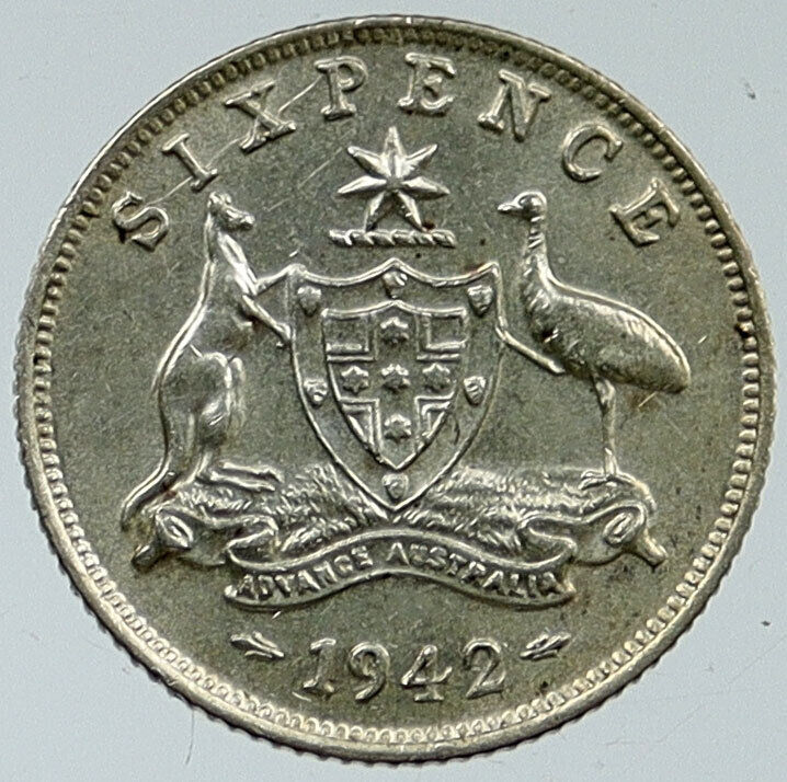 1942 M AUSTRALIA King George VI Kangaroos Antique Silver Sixpence Coin i115750