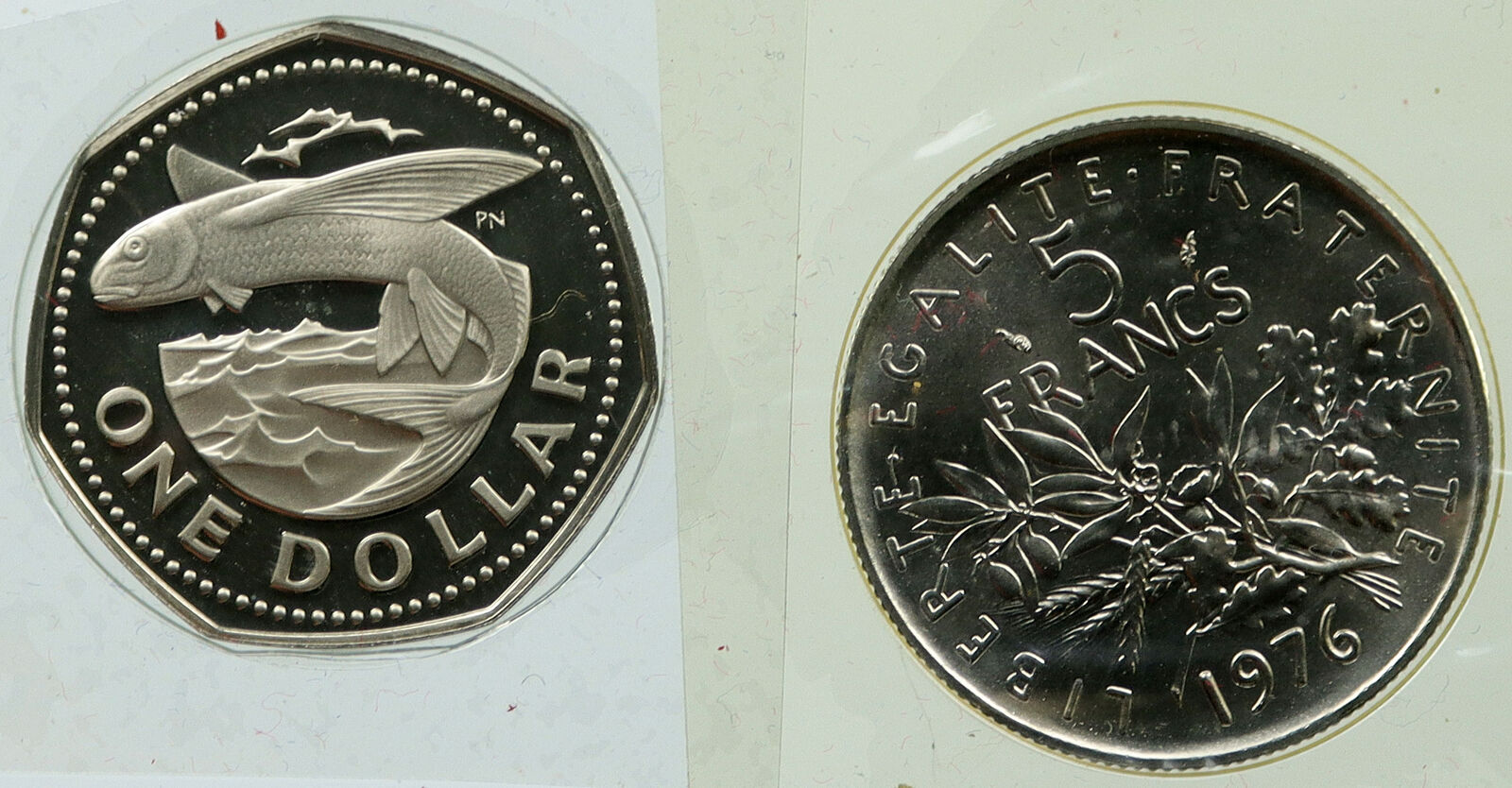 1973-6 BARBADOS & FRANCE Old Dollar & 5 Francs Proof Lot of 2 Coins GIFT i115952