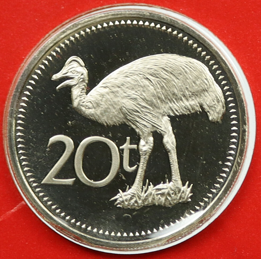 1977 PAPUA NEW GUINEA Bennetts Cassowary BIRD Bank Proof 20 Toea Coin i115059