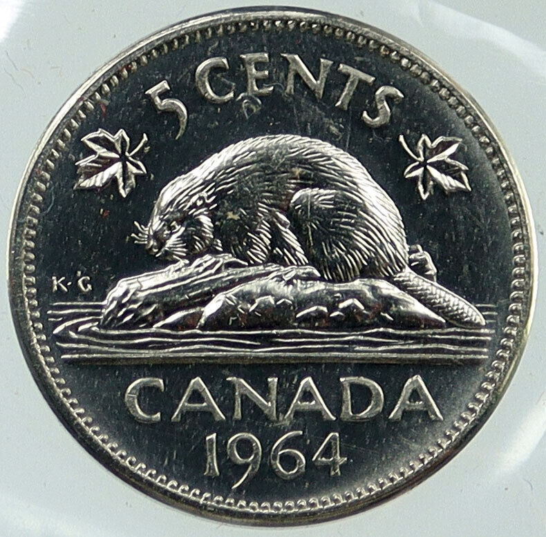 1964 CANADA United Kingdom Queen Elizabeth II BEAVER Vintage 5 Cent Coin i115772