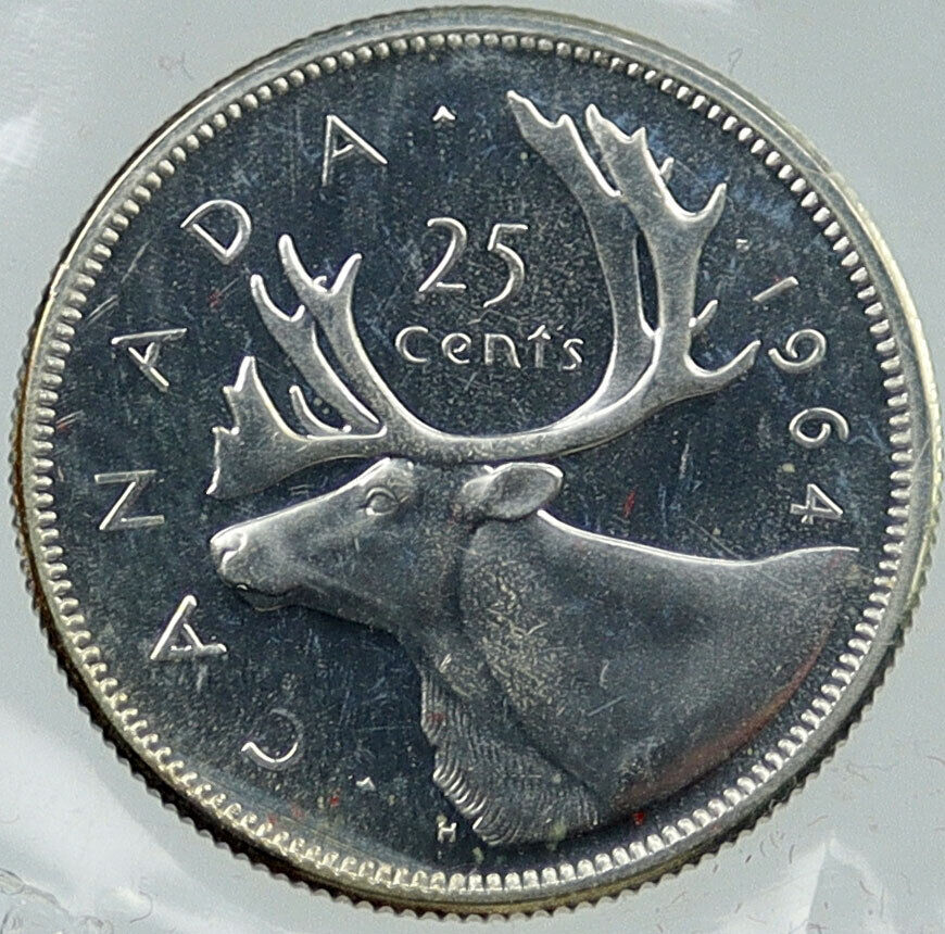 1964 CANADA United Kingdom UK Elizabeth II Silver 25 Cent Coin CARIBOU i115771