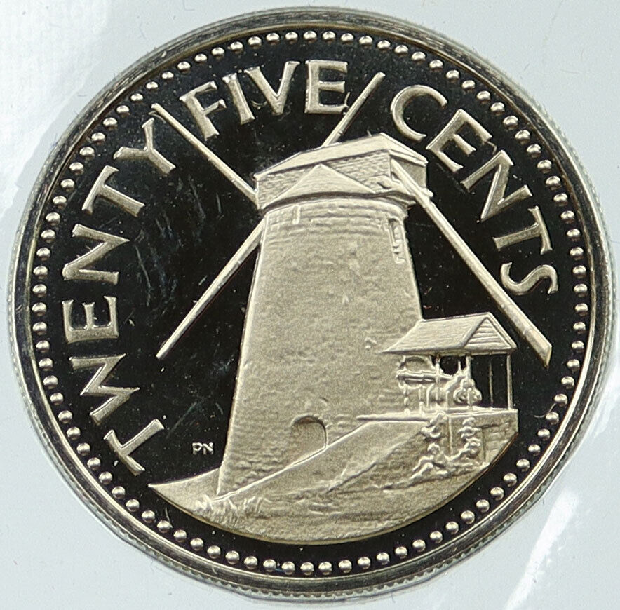 1973 BARBADOS UK Windmill Silo Old VINTAGE Proof 25 Cents Coin i115796