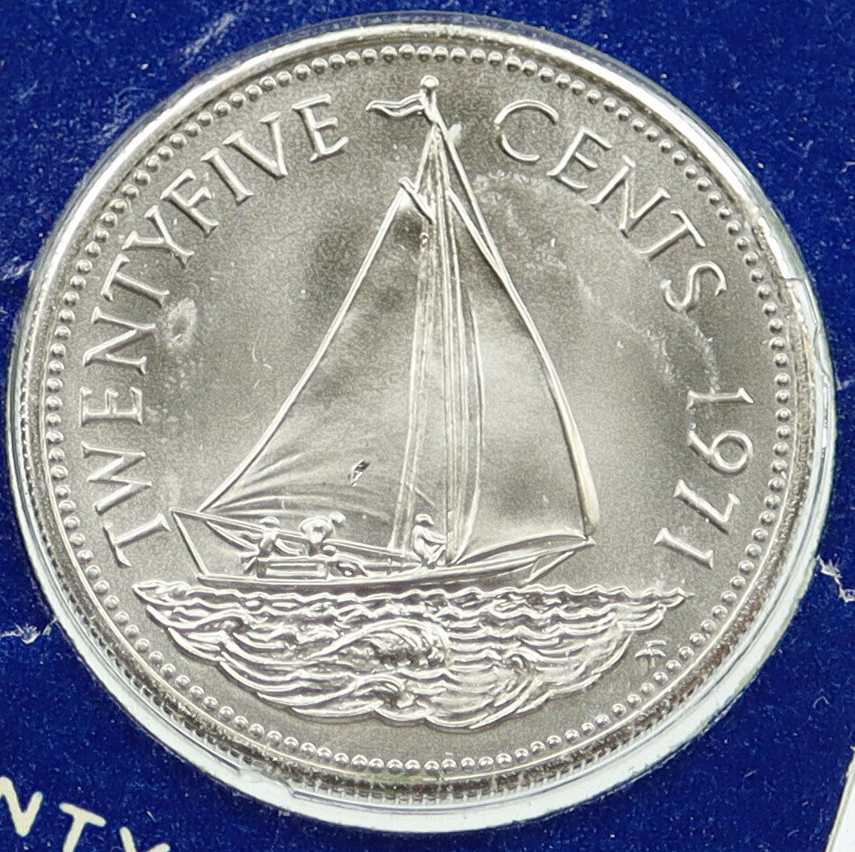 1971 BAHAMAS UK Queen Elizabeth II BOHEMIAN SAILBOAT Proof 25 Cents Coin i115804