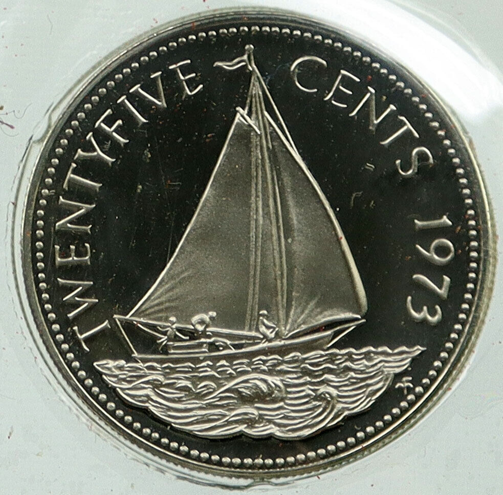 1973 BAHAMAS UK Queen Elizabeth II BOHEMIAN SAILBOAT Proof 25 Cents Coin i115873