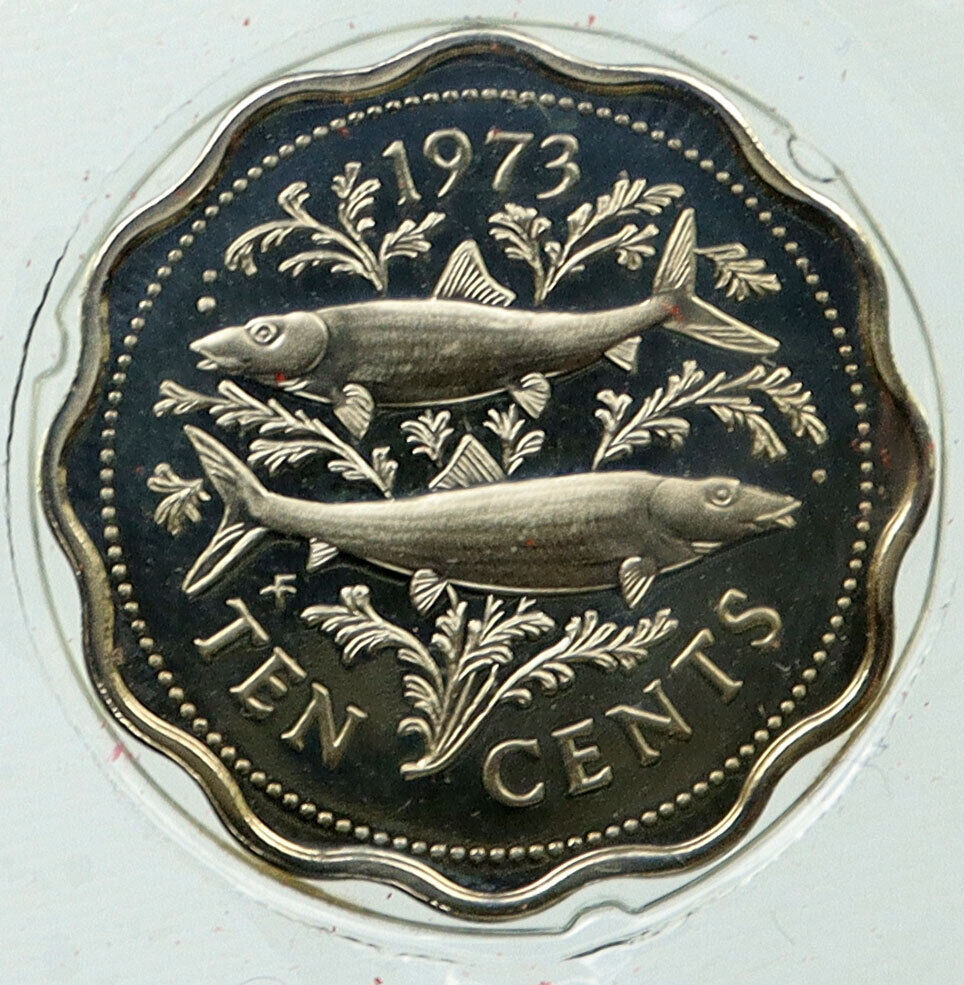 1972 BAHAMAS Elizabeth II TWO BONEFISH IN OCEAN Old Proof 10 Cents Coin i115855