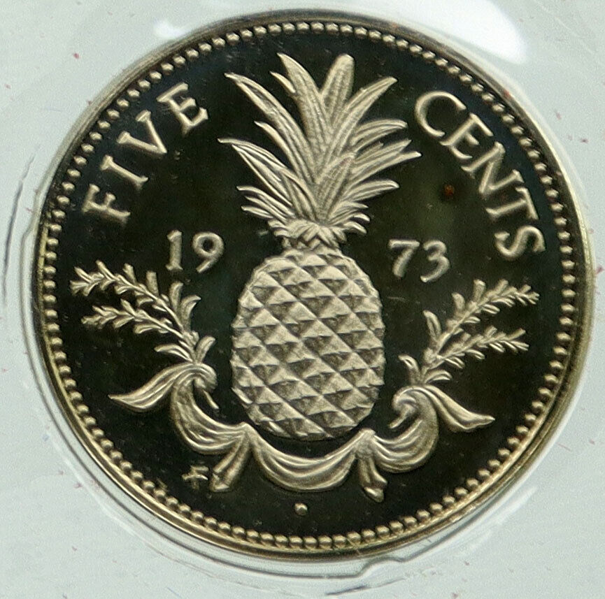 1973 BAHAMAS UK Fish Marine PINEAPPLE GARLAND Vintage Proof 5 Cents Coin i115872