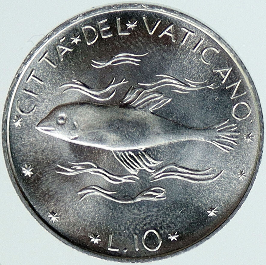 1970 VATICAN City POPE PAUL VI Fish in Ocean Vintage OLD 10 Lire Coin i115839