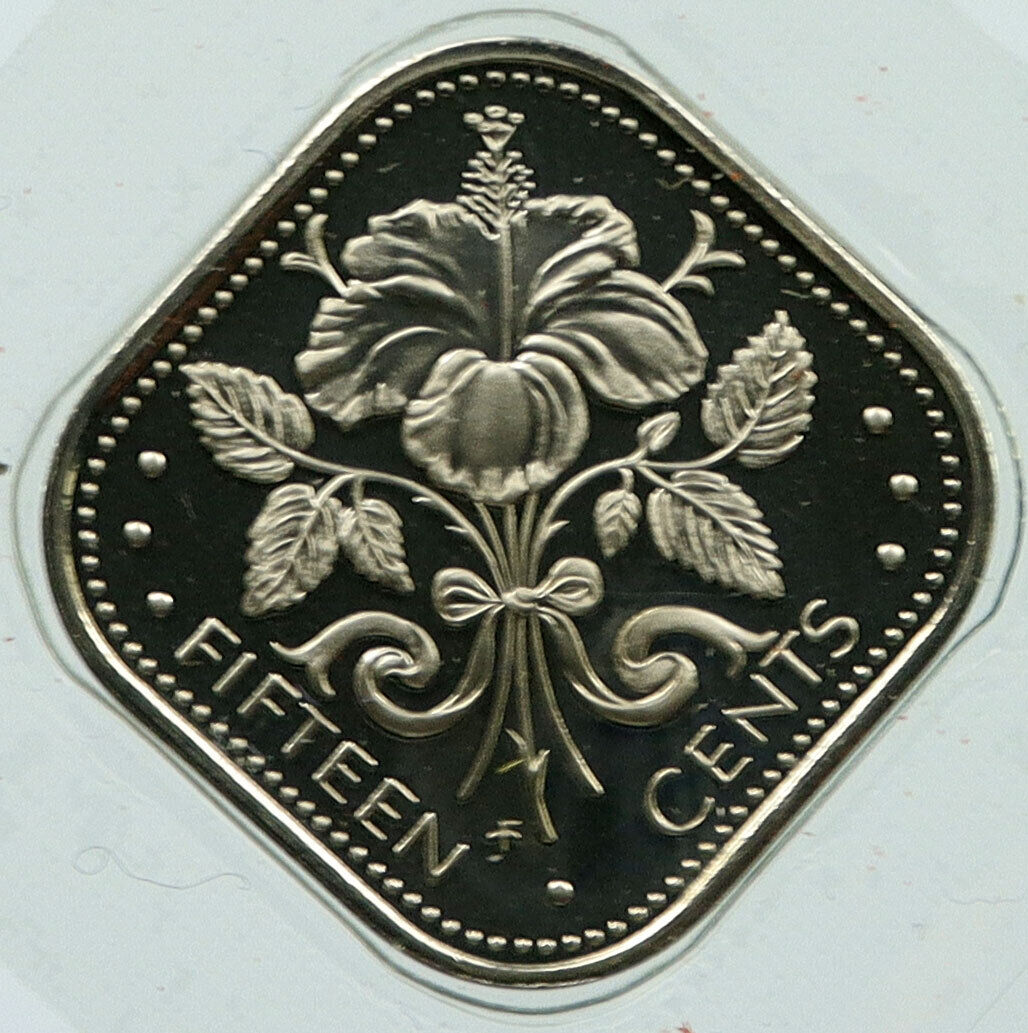 1975 BAHAMAS UK Queen Elizabeth II HIBISCUS FLOWER Proof 15 Cents Coin i115883