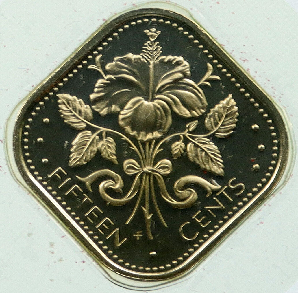 1974 BAHAMAS UK Queen Elizabeth II HIBISCUS FLOWER Proof 15 Cents Coin i115862