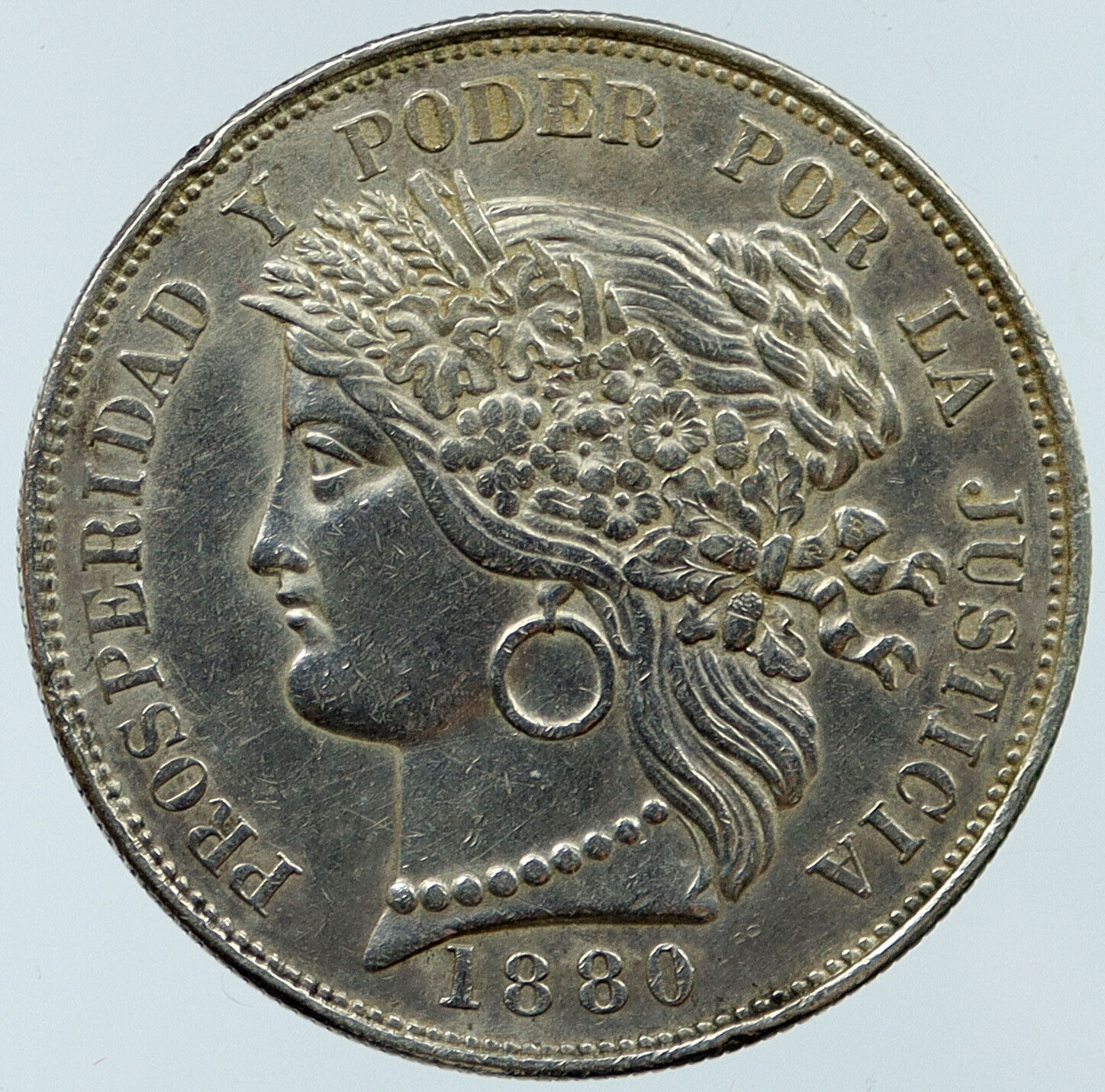 1880 BF PERU Antique Silver 5 Pesetas South American Peruvian Woman i118130
