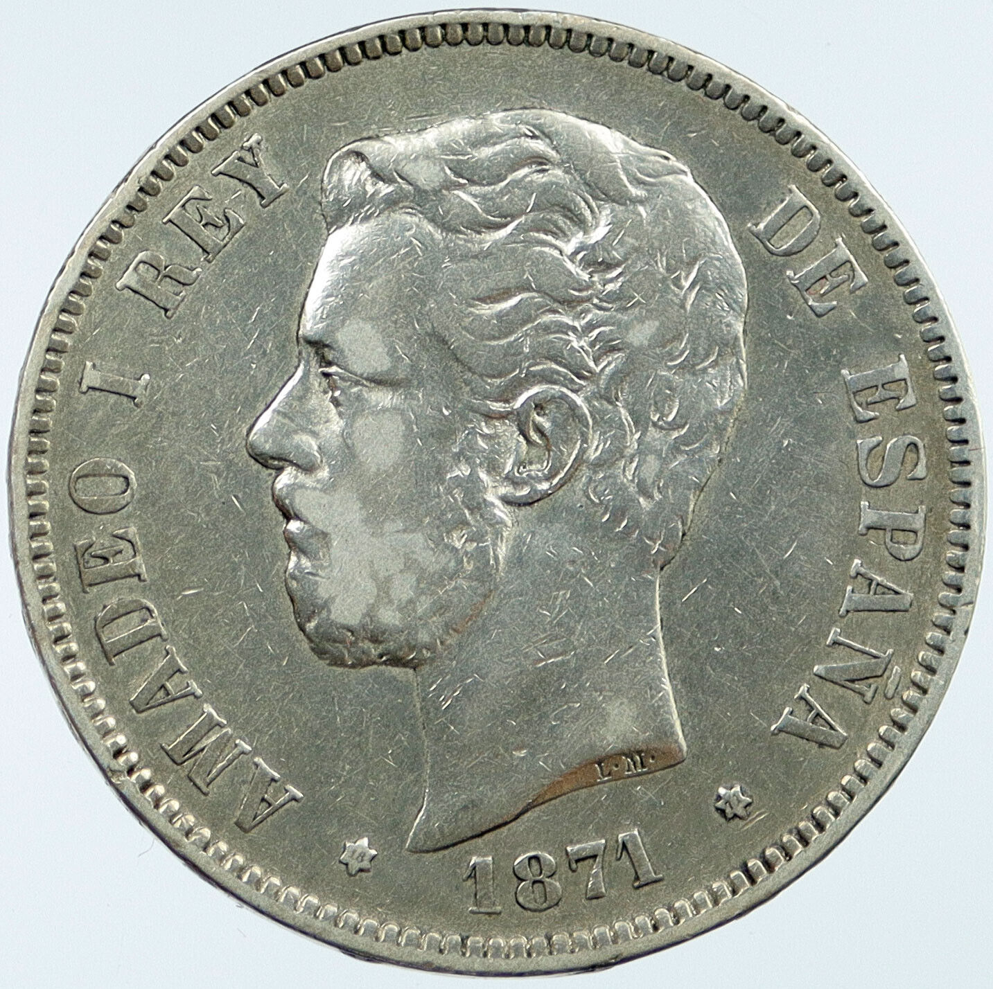 1871 SPAIN King Amadeo I Large Antique Silver 5 Pesetas Spanish Coin i118174