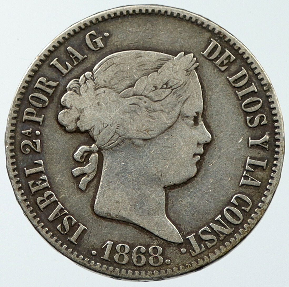 1868 PHILIPPINES under SPAIN QUEEN ISABELLA II Silver 50 Centavos Coin i116628