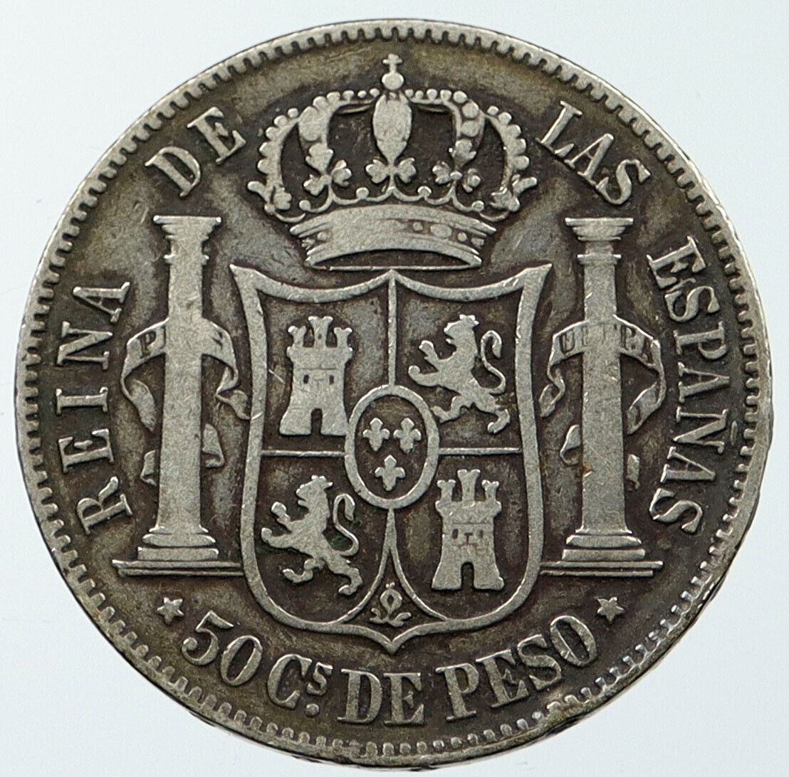 1868 PHILIPPINES under SPAIN QUEEN ISABELLA II Silver 50 Centavos Coin i116628