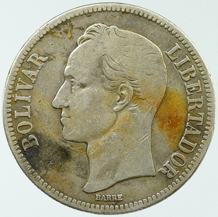1935 VENEZUELA Silver 5 BOLIVARES Large Antique South American Coin i117703