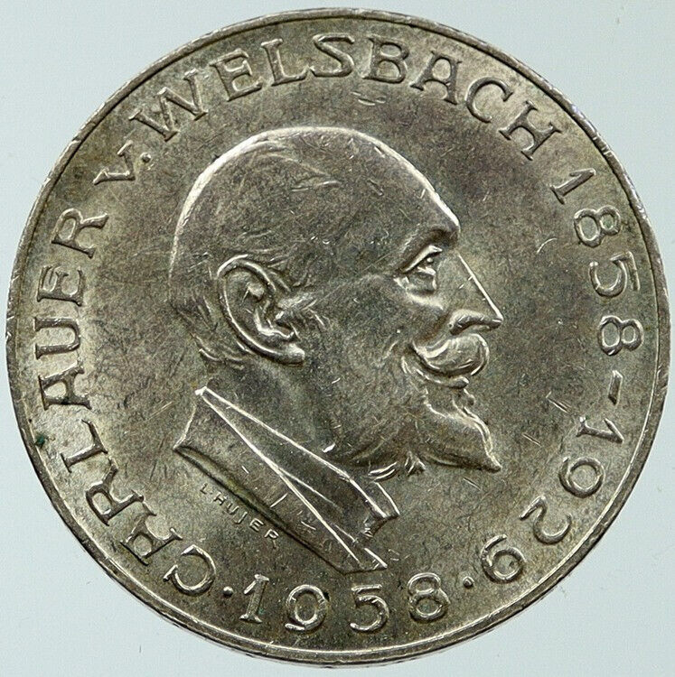1958 AUSTRIA Chemist Auer von Welsbach Antique Silver 25 Schilling Coin i117705