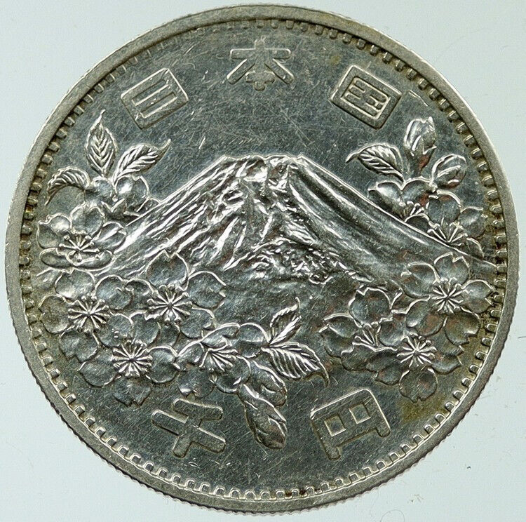 1964 JAPAN Tokyo Summer Olympic Game CHERRY MT FUJI Silver 1000 Yen Coin i117698
