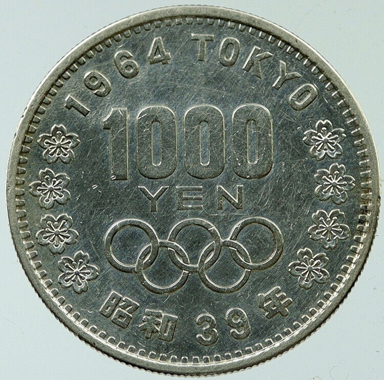 1964 JAPAN Tokyo Summer Olympic Game CHERRY MT FUJI Silver 1000 Yen Coin i117698