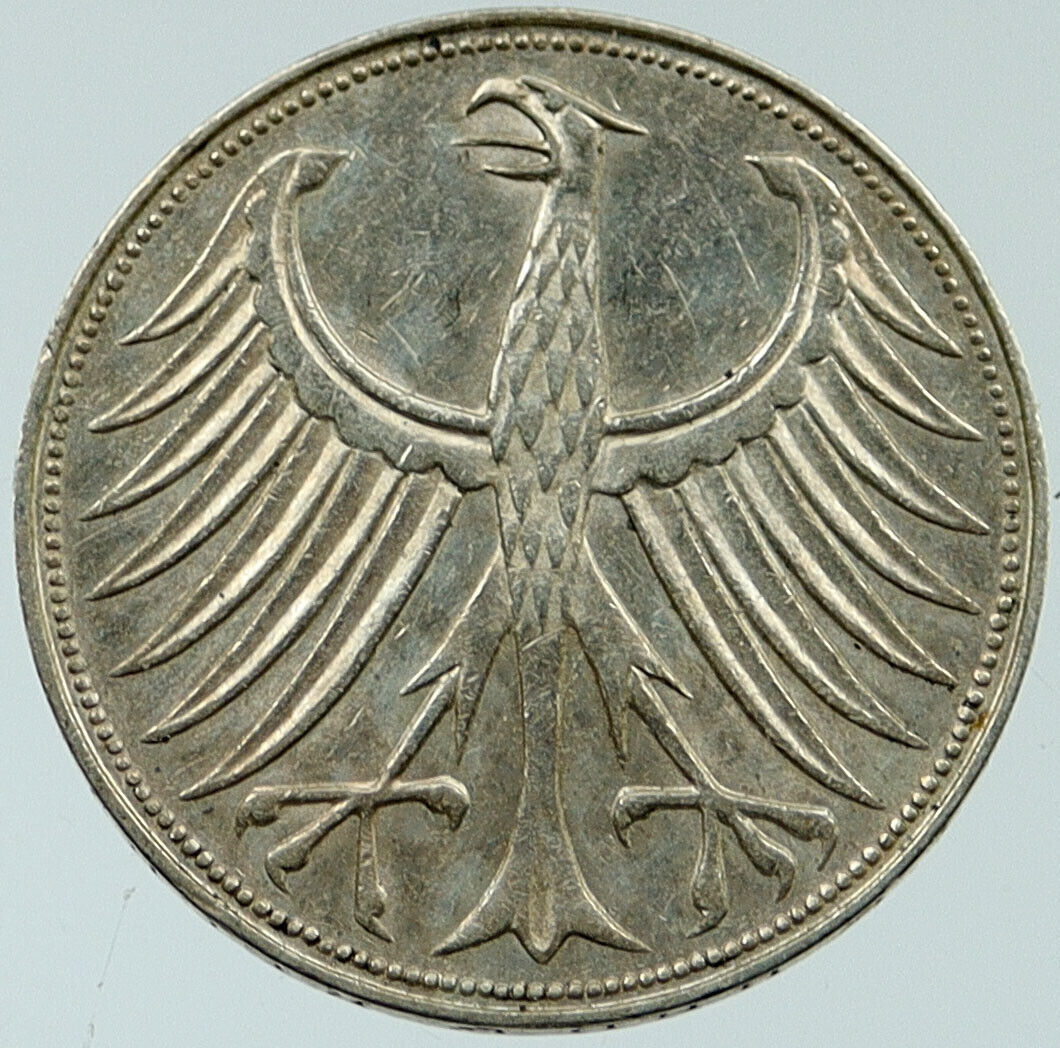 1957 F GERMANY Vintage Winged Eagle OLD German Large 5 Mark Silver Coin i117630