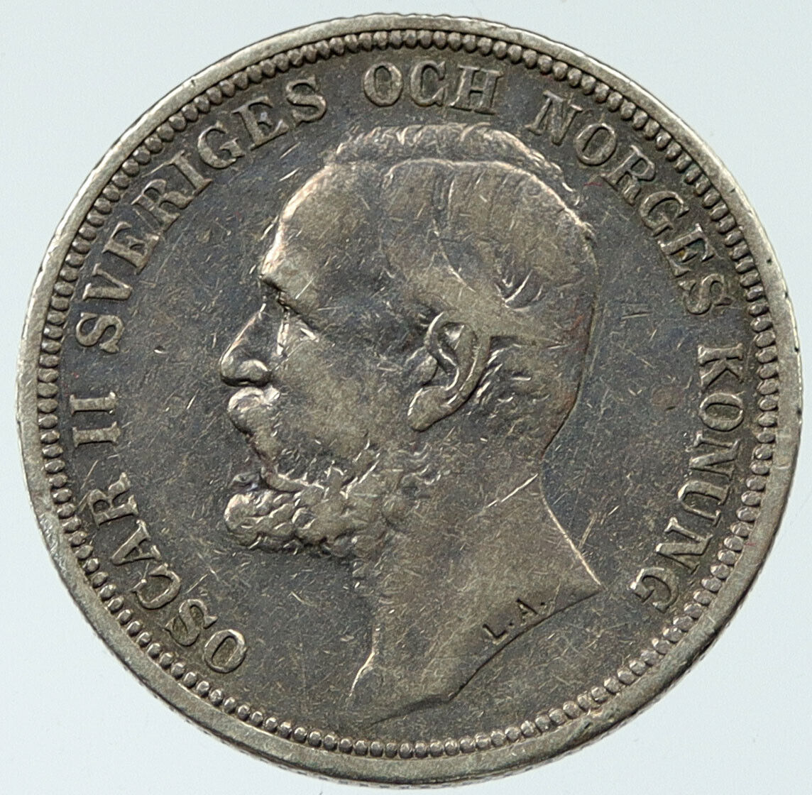 1897 SWEDEN King Oscar II 0.38oz Silver 2 Kronor Antique SWEDISH Coin i117645