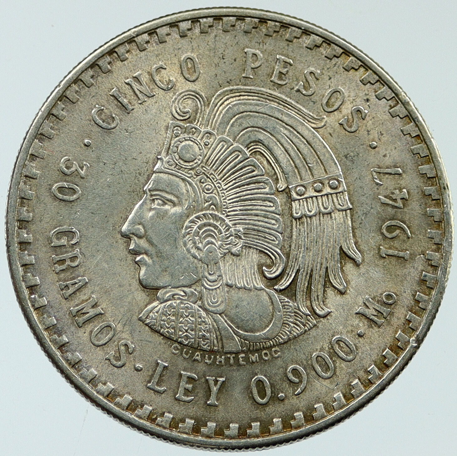 1947 MEXICO Aztec EMPEROR CUAUHTEMOC Eagle BIG 0.86oz Silver 5 Peso Coin i117640