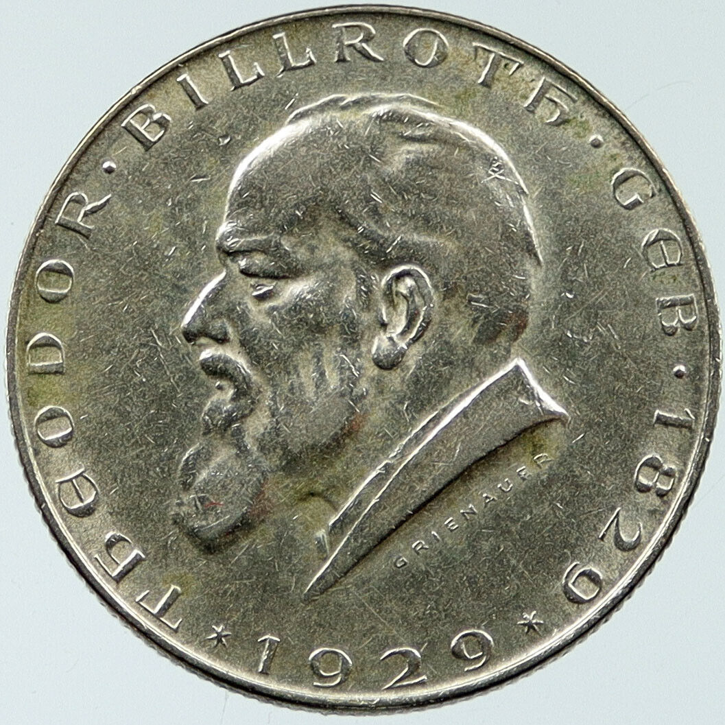 1929 AUSTRIA 0.24oz Silver 2 Schilling Coin Hero DOCTOR Theodor Billroth i117647