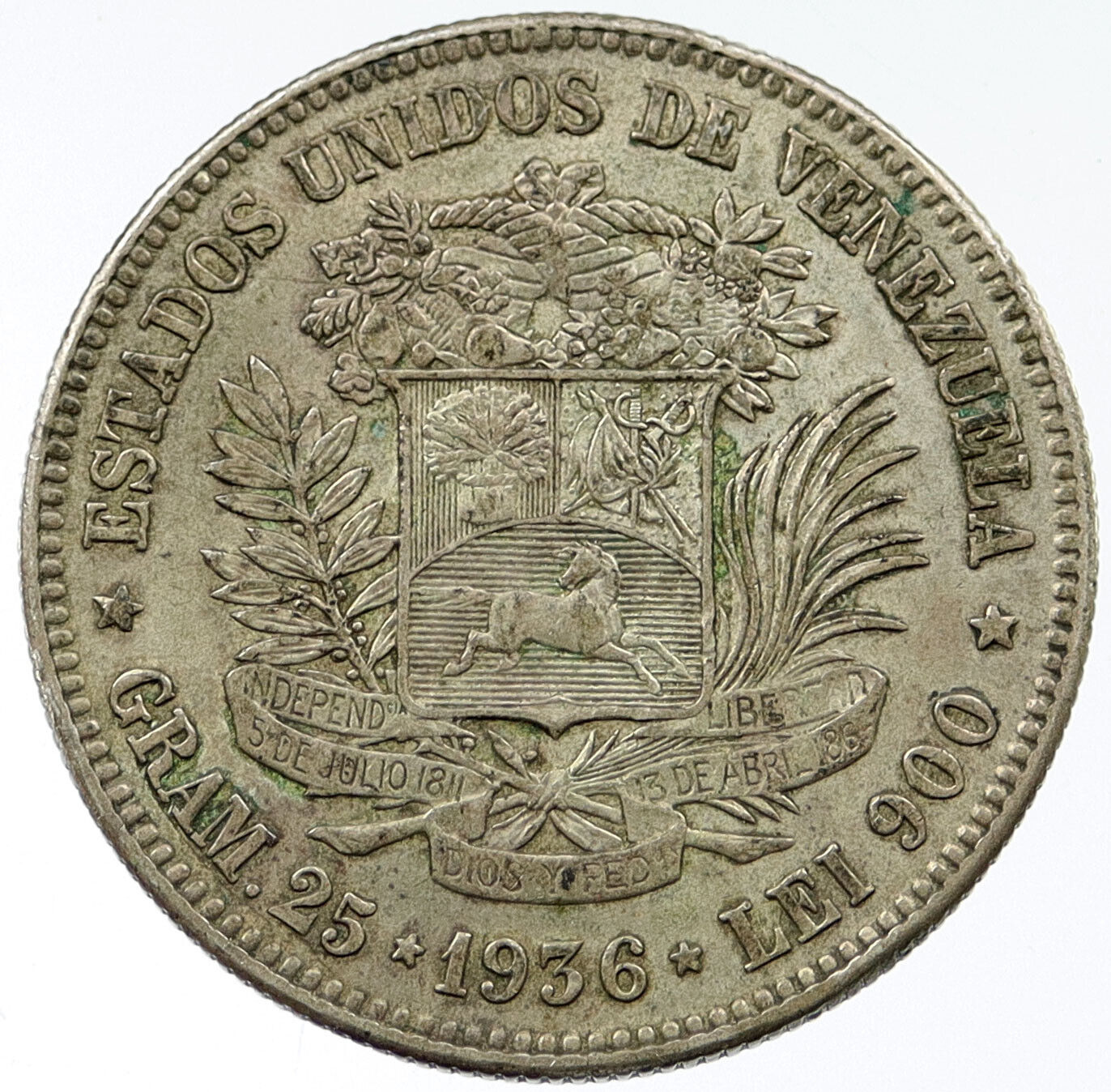 1936 VENEZUELA 5 Bolivar LARGE 0.72oz Antique Silver VENEZUELAN Coin i117639