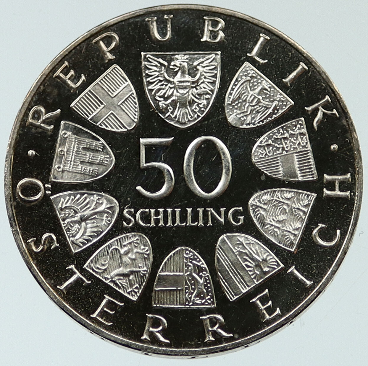 1966 AUSTRIA 0.57oz Silver PROOF 50 Schilling Austrian Coin NATION BANK i117653