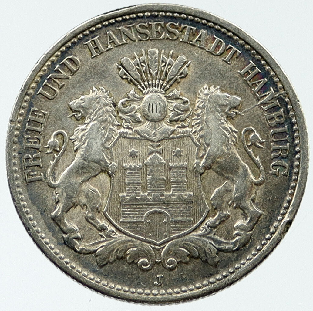 1904 GERMANY Hamburg Antique 0.32oz SILVER 2 Mark GERMAN Eagle Coin i117661