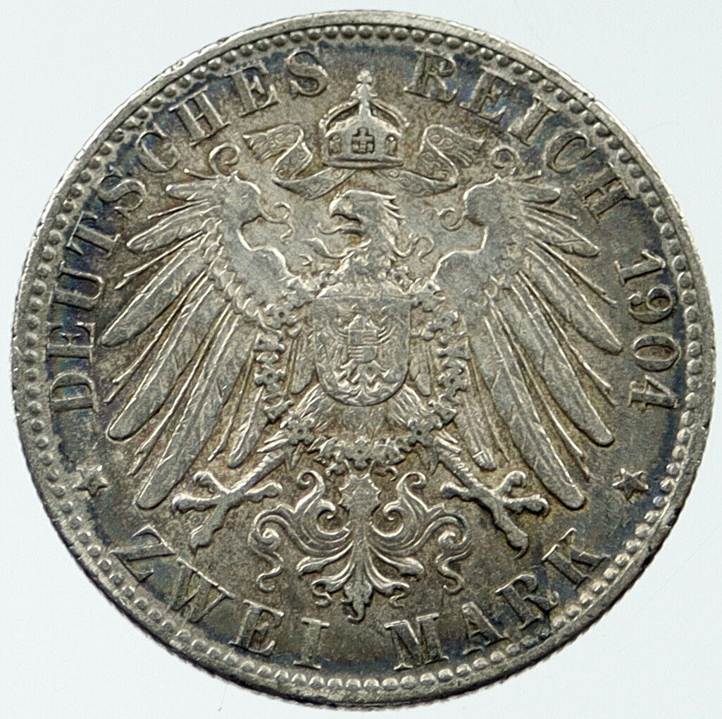 1904 GERMANY Hamburg Antique 0.32oz SILVER 2 Mark GERMAN Eagle Coin i117661