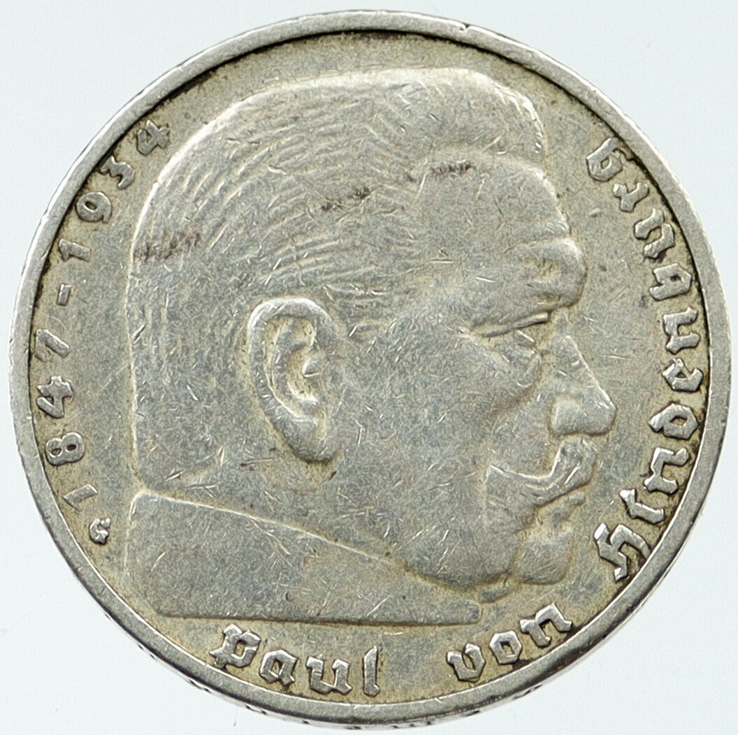 1936 G GERMANY President HINDENBURG Antique 0.39oz SILVER 5 Mark Coin i117664