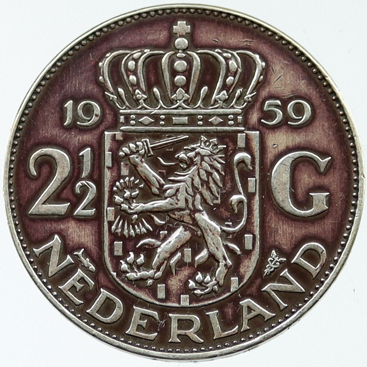 1959 Netherlands Queen JULIANA Vintage 0.34oz Silver 2 1/2 Gulden Coin i117674